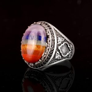 Gümüş Erkek Yüzük, Gökkuşağı 7 farklı Dogal Taş Toplamı Yüzük, Çok Renkli Yüzük - Görsel 4