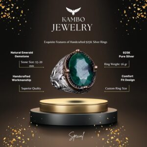 925K Gümüş El Yapımı Erkek Yüzük - Çeşitli Doğal Taşlarla (Zümrüt) Mevcut - Görsel 7