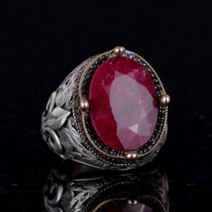 925 Ayar Gümüş El Yapımı Erkek Yüzük - Çeşitli Doğal Yakut Taşlı - Görsel 4