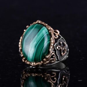 Doğal Malakit Taşlı Yüzük, Denizci Halat Yüzüğü - Canlı 925 Ayar Katı Gümüş Erkek Yüzüğü - Görsel 4