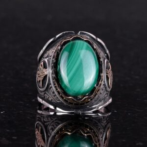 925 Ayar Katı Gümüş Erkek Yüzük, Doğal Malakit Taş Yüzük, Osmanlı Tuğra Gümüş Yüzük - Görsel 4