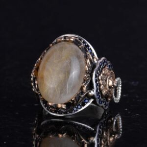 Gerçek Doğal Cabochon Altın Rutile Kuvars Taşı Yüzüğü, 925K Katı Gümüş Erkek Yüzüğü, Aslan Başı Yüzüğü - Görsel 6