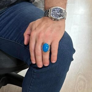Doğal Mavi Akik Taşı Yüzük, %925 Katı Gümüş Yüzük Erkekler İçin, Büyük Yüzük, Tasarım Gümüş Erkek Yüzüğü - Görsel 3