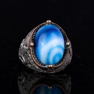 925 Ayar Gümüş El Yapımı Erkek Yüzük - Doğal Mavi Agate Taşlı - Görsel 2