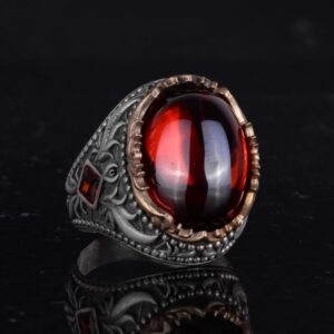 Yapay Taş Yüzük - El Yapımı Erkek Yüzüğü - Şık 925 Ayar Gümüş Erkek Takısı (Yapılmış Cabochon Garnet) - Görsel 4