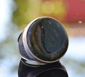 Gerçek Doğal Kan Taşı Yüzük, 925 Ayar Gümüş Erkek Büyük Yuvarlak Yüzük - Görsel 3