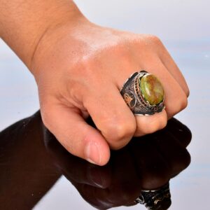 El Yapımı 925 Ayar Gümüş Erkek Yüzük, Gerçek Arizona Turkuaz Taşı - Karmaşık Osmanlı İşlemeli Tasarım - Özgün Gümüş Yüzük - Görsel 7