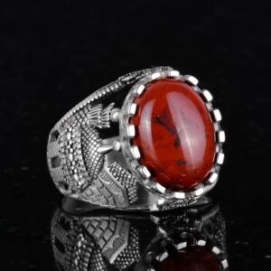 İslam Doğal Kan Taşı Yüzüğü, 925 Ayar Gümüş Yüzük Erkekler İçin, Farklı Yüzük - Görsel 4