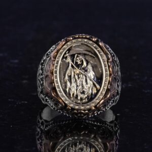 Ölüm Meleği Tasarımlı Erkek Yüzüğü - Kafatası Yüzüğü - 925 Ayar Gümüş Erkek Yüzüğü (Sarı) - Görsel 4