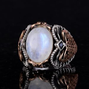 Gerçek Doğal Ay Taşı Taş Yüzük, 925 Ayar Gümüş Erkek Yüzük, Ay Işığı Tasarımı - Görsel 3