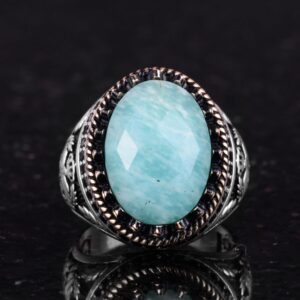 Gerçek Doğal Taş Yüzük - El Yapımı Şahin Yüzük - 925 Ayar Gümüş Yüzük (Amazonit) - Görsel 4