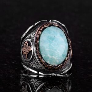 Osmanlı Tuğra Gümüş Yüzük, Doğal Taş Yüzük, 925 Ayar Gümüş Yüzük (Amazonit) - Görsel 4