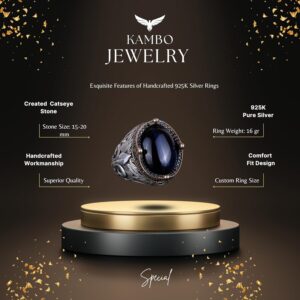 925 Ayar Gümüş Yüzükler Premium Üretilmiş Taşlarla (Koyu Mavi Kedi Gözlü Üretilmiş Taş) - Görsel 5