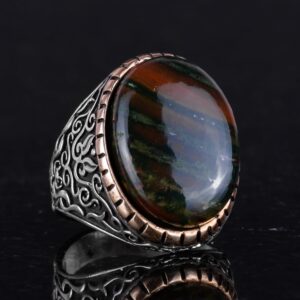 Doğal Yeşil Kan Taşı Erkek Yüzüğü, 925 Ayar Sert Gümüş Yüzük, Tasarım Gümüş Erkek Yüzüğü - Görsel 5