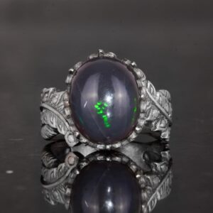 El Yapımı 925 Ayar Gümüş Erkek Yüzük ile Doğal Opal Taşı - Yaprak Desenli İfade Yüzüğü - Görsel 4