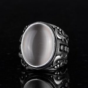 925 Ayar Gümüş Yüzük, Tasarım Gümüş Erkek Yüzüğü (Beyaz Kedi Gözlü Yapay Taş) - Görsel 5