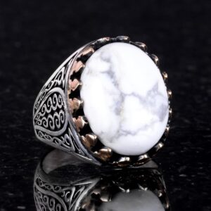 925 Ayar Katı Gümüş Erkek Yüzük, Doğal Taşlarla - El Yapımı Zarafet (Howlite Taşı) - Görsel 3