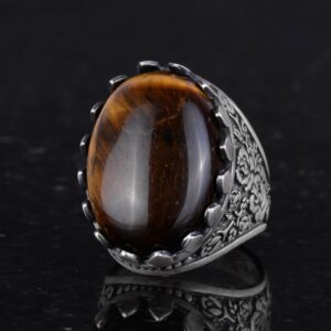 Gerçek Doğal Taş Yüzük - Gül Desenli Yüzük - 925 Ayar Gümüş Yüzük - El Yapımı Büyük Yüzük (Kaplan Göz) - Görsel 6