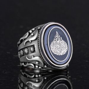 Gerçek Doğal Oniks Taşlı Gümüş Erkek Yüzük - Ayet-el Kursi Tasarım Yüzük - El Yapımı İslami Yüzük - Görsel 6