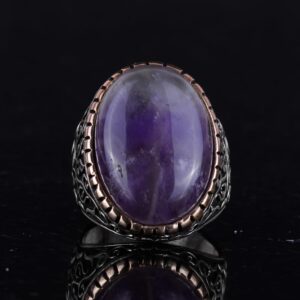 925 Ayar Katı Gümüş Erkek Yüzük, Doğal Ametist Taşlı Yüzük, Büyük Tasarım Gümüş Erkek Yüzük - Görsel 3