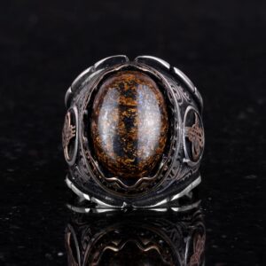 Gerçek Doğal Bronzit Taş Yüzük, 925 Ayar Katı Gümüş Erkek Yüzüğü, Osmanlı Tuğra Yüzüğü - Görsel 3