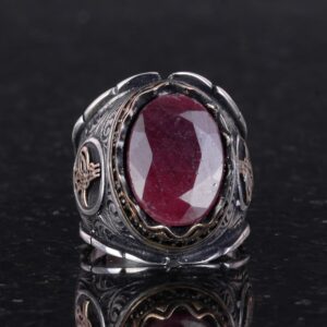 Osmanlı Tuğra Doğal Yakut Taş Yüzük, 925 Ayar Gümüş Yüzük Erkekler İçin - Görsel 2