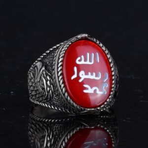 İslami Erkek Yüzük - Kartal Sembolü Yüzük - 925 Ayar Gümüş El Yapımı Erkek Yüzük (Kırmızı) - Görsel 5