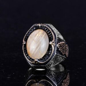 925 Ayar Katı Gümüş Erkek Yüzük - Gerçek Doğal Cabochon Altın Rutilat Kuvars Taş Yüzük - Görsel 5