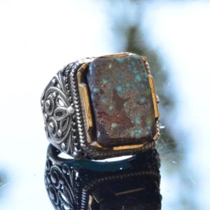 Doğal Turkuaz Taş Yüzük, Dikdörtgen Tasarım - 925 Ayar Gümüş Erkek Yüzük, El Yapımı Zarafet - Görsel 3