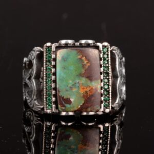 Dikdörtgen Gümüş Yüzük, 925 Doğal Arizona Turkuaz Taşlı Yüzük - Görsel 7