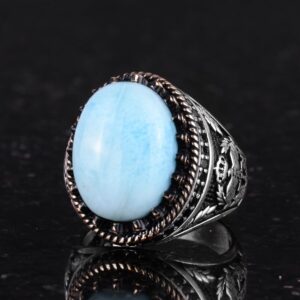 Gerçek Doğal Taş Yüzük - El Yapımı Şahin Yüzük - 925 Ayar Gümüş Yüzük (Larimar) - Görsel 6