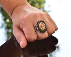 El Yapımı Yeşil Taş Yüzük, 925 Ayar Gümüş İslami Erkek Yüzüğü - Görsel 7