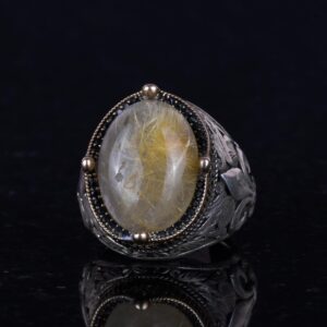 925 Ayar Gümüş El Yapımı Erkek Yüzük - Çeşitli Doğal Taşlarla Mevcuttur (Cabochon Altın Rutilatlı Kuvars) - Görsel 4