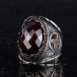 Gerçek Doğal Granat Taşı Yüzük, 925 Ayar Gümüş Yüzük, Osmanlı Tuğra Yüzüğü - Görsel 4