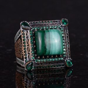 925 Ayar Gümüş Erkek Yüzük, Doğal Malakit Taşı ile - Lüks ve Farklı Tasarım (Malakit) - Görsel 5