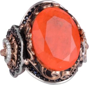 925 Ayar Gümüş Yüzük, Turuncu Paraiba Yapay Taş Yüzük, El Yapımı Aslan Başlı Erkek Yüzüğü - Görsel 1