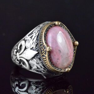 Zambak Desenli Gümüş Yüzük - 925 Ayar Gümüş El Yapımı Erkek Takısı (Rhodonit) - Görsel 3