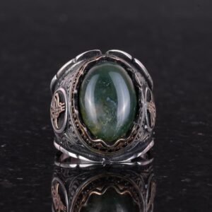 925 Ayar Katı Gümüş Erkek Yüzük, Yosunlu Akik Taş Yüzük, Osmanlı Tuğra Taş Yüzük - El Yapımı Şıklık - Görsel 4