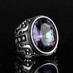 925 Ayar Gümüş Yüzük, Tasarım Gümüş Erkek Yüzüğü (Mistik Topaz Taşı) - Görsel 5