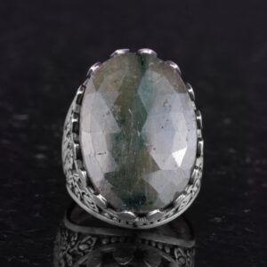 Gerçek Doğal Taş Yüzük - Gül Desenli Yüzük - 925 Ayar Gümüş Yüzük - El Yapımı Büyük Yüzük (Zümrüt) - Görsel 4