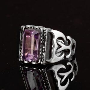 Gerçek Doğal Ametist Taşı Yüzük, 925 Ayar Gümüş Erkek Yüzük - Görsel 5