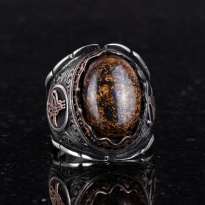 Gerçek Doğal Bronzit Taş Yüzük, 925 Ayar Katı Gümüş Erkek Yüzüğü, Osmanlı Tuğra Yüzüğü - Görsel 4