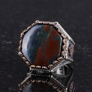 Gerçek Doğal Taş Yüzük - Sekizgen Tasarım - El Yapımı 925 Ayar Gümüş Takı (Yeşil Kan Taşı) - Görsel 6