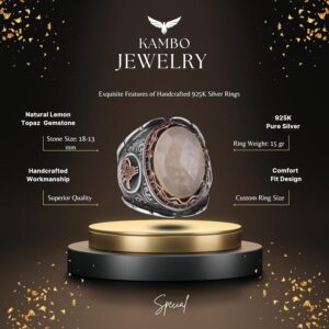 925 Ayar Katı Gümüş Erkek Yüzük, Limon Topaz Taşlı Yüzük - El Yapımı Şıklık - Görsel 2