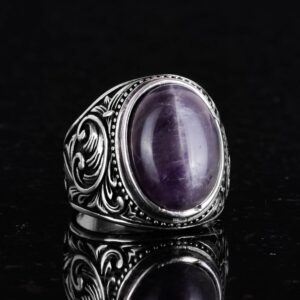 El Yapımı Doğal Ametist Taş Yüzük - Spiritüel 925 Ayar Katı Gümüş Erkek Yüzük - Sezgi ve Koruma Tasarımı - Görsel 6
