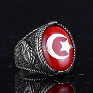 Erkek Ay Yıldız Kartal Yüzük - 925 Ayar Gümüş Yüzük - Hilal ve Yıldız Tasarımı - Türk Ay Yıldız Bayrağı Kartal Tasarım Yüzük (Kırmızı) - Görsel 5