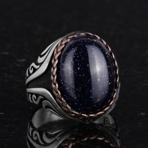 925 Ayar Gümüş Yüzük - Yapay Taş Gümüş Yüzük - El Yapımı Yüzük (Yapılmış mavi güneş) - Görsel 5