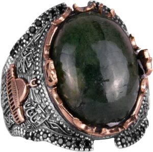 Mescidi Aksa desenli, Cabochon Zümrüt Taşlı Yüzük, 925 Ayar Saf Gümüş Erkek Yüzüğü - Görsel 1