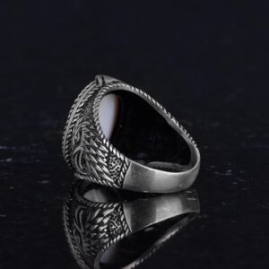 Erkek Ay Yıldız Kartal Yüzük - 925 Ayar Gümüş Yüzük - Hilal ve Yıldız Tasarımı - Türk Ay Yıldız Bayrağı Kartal Tasarım Yüzük (Kırmızı) - Görsel 7