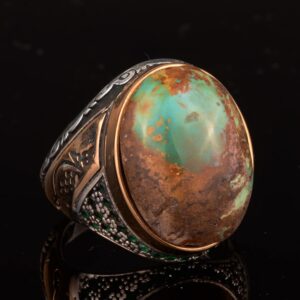 Gerçek Doğal Arizona Turkuaz Taşlı Erkek Yüzük, İslami Yüzük, 925 Ayar Gümüş Yüzük - Görsel 5